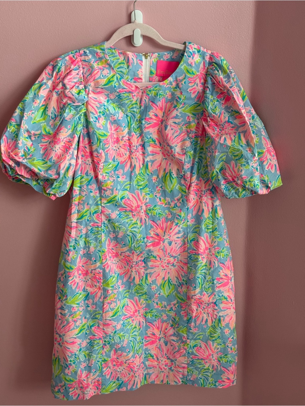 Lilly Pulitzer Puff Sleeve Shift Dress Pink Blue Green Floral Size 14 EUC